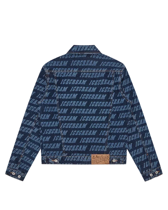 Giacca trucker in denim con logo ripetuto Giacca trucker in denim con logo ripetuto
