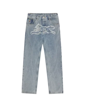 Pantaloni in denim con Running Dog applicato a doppio giro