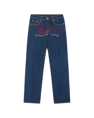 Pantaloni in denim con Running Dog che corre in cristalli