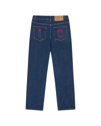 Pantaloni in denim con Running Dog che corre in cristalli