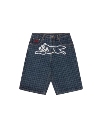 Shorts da donna in denim con motivo a pied-de-poule e Running Dog che corre