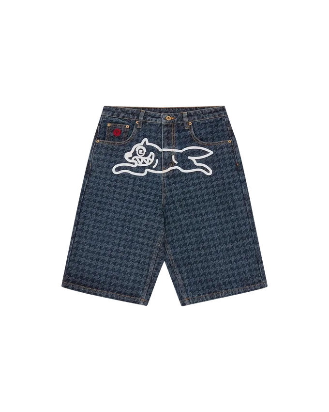 Shorts da donna in denim con motivo a pied-de-poule e Running Dog che corre Shorts da donna in denim con motivo a pied-de-poule e Running Dog che corre