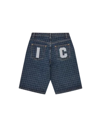 Shorts da donna in denim con motivo a pied-de-poule e Running Dog che corre