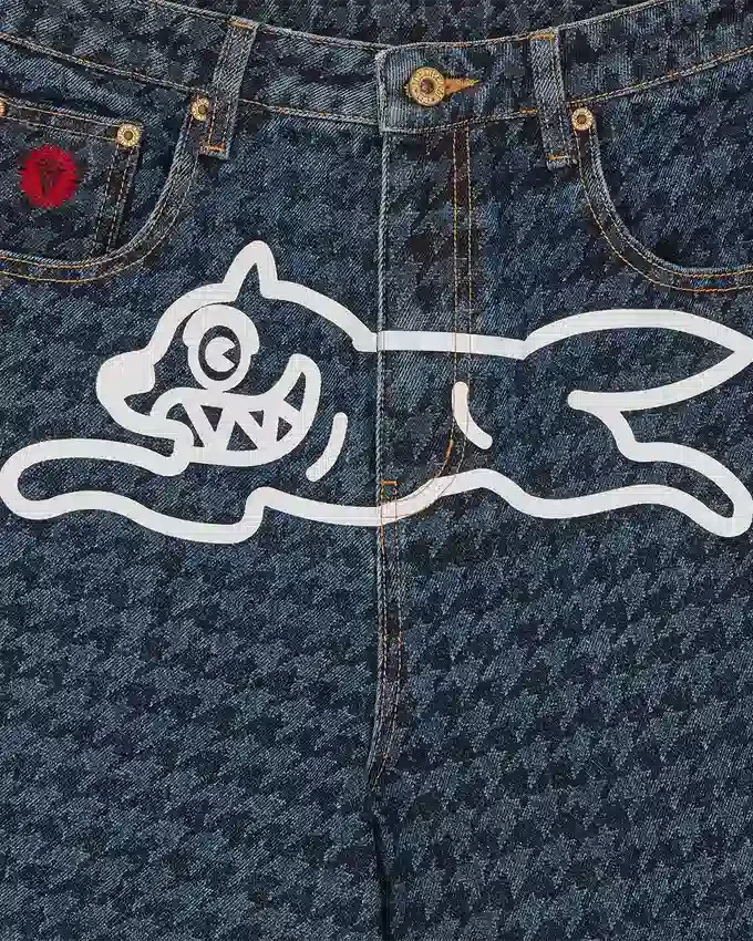 Shorts da donna in denim con motivo a pied-de-poule e Running Dog che corre Shorts da donna in denim con motivo a pied-de-poule e Running Dog che corre