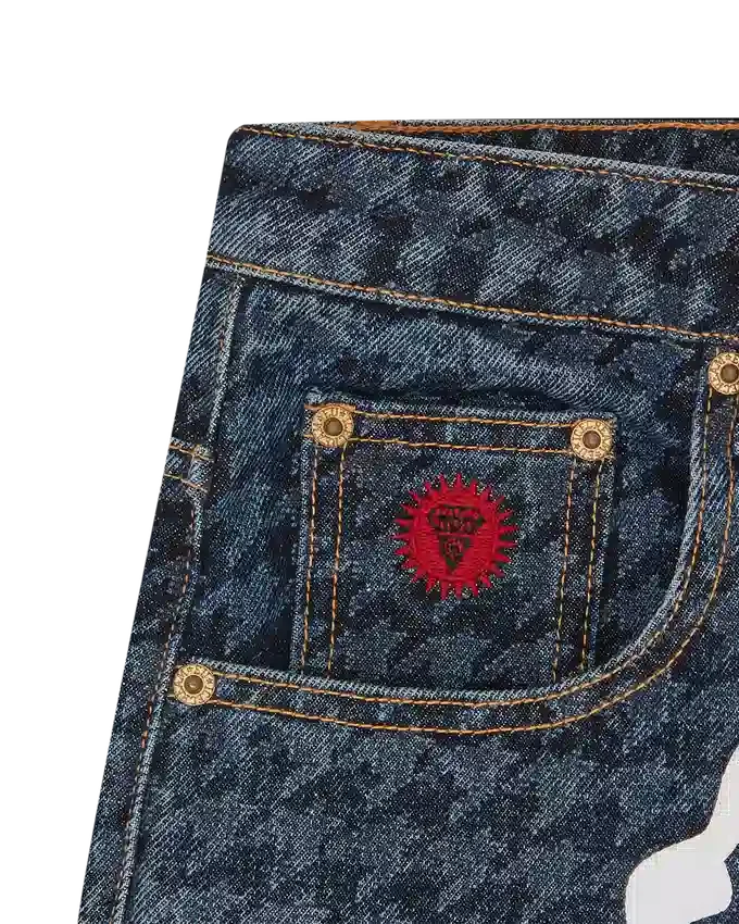 Shorts da donna in denim con motivo a pied-de-poule e Running Dog che corre Shorts da donna in denim con motivo a pied-de-poule e Running Dog che corre